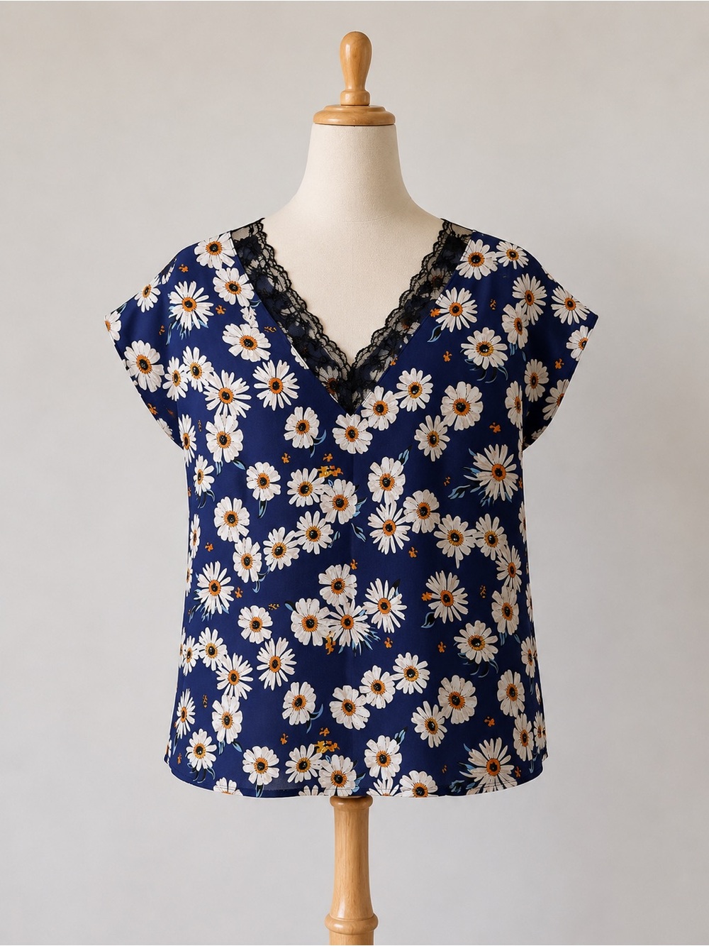 SHEIN Navy Daisy V-Neck Lace-Trim Blouse